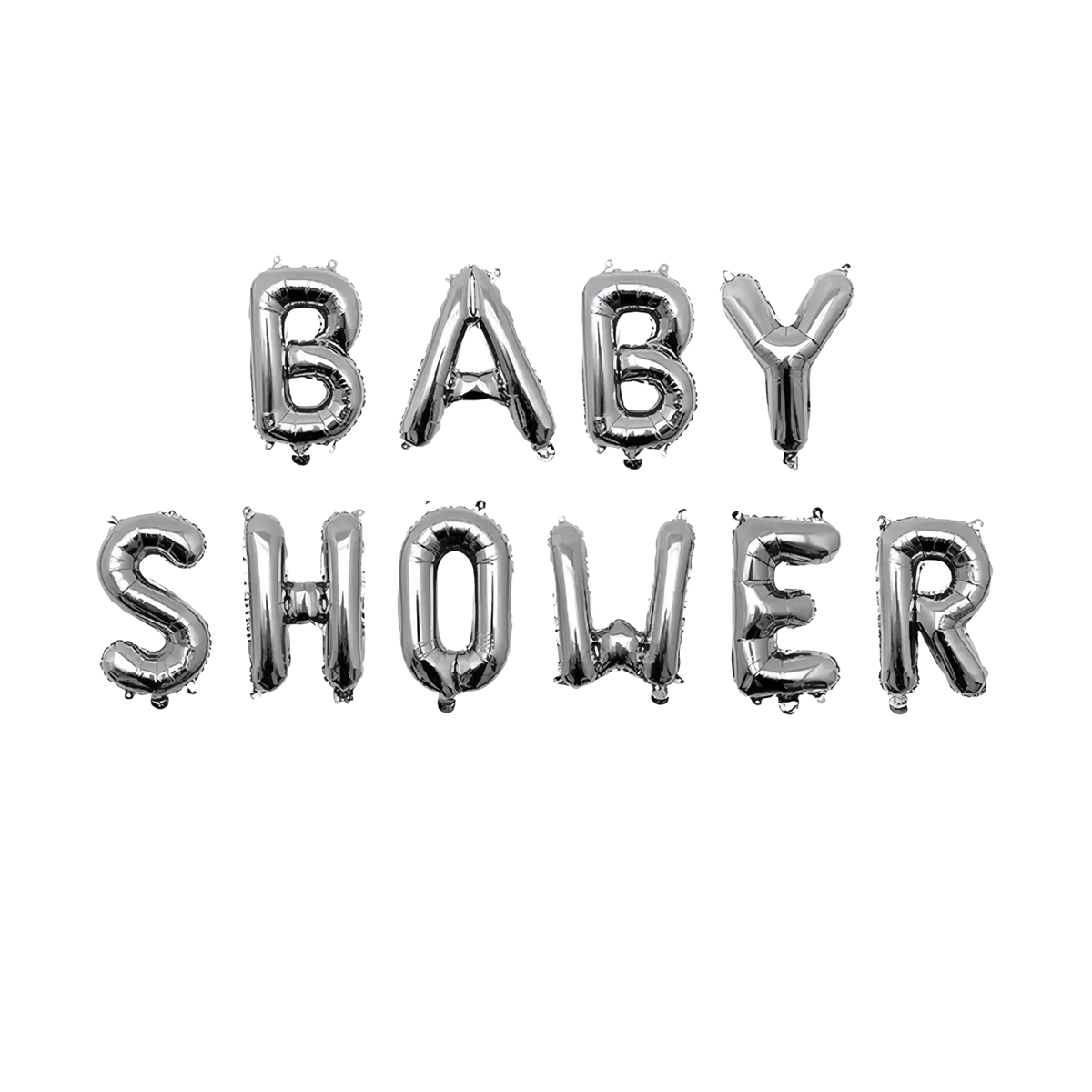 Silver metallic foil balloons spelling baby shower arranged in two rows for a baby shower decoration set