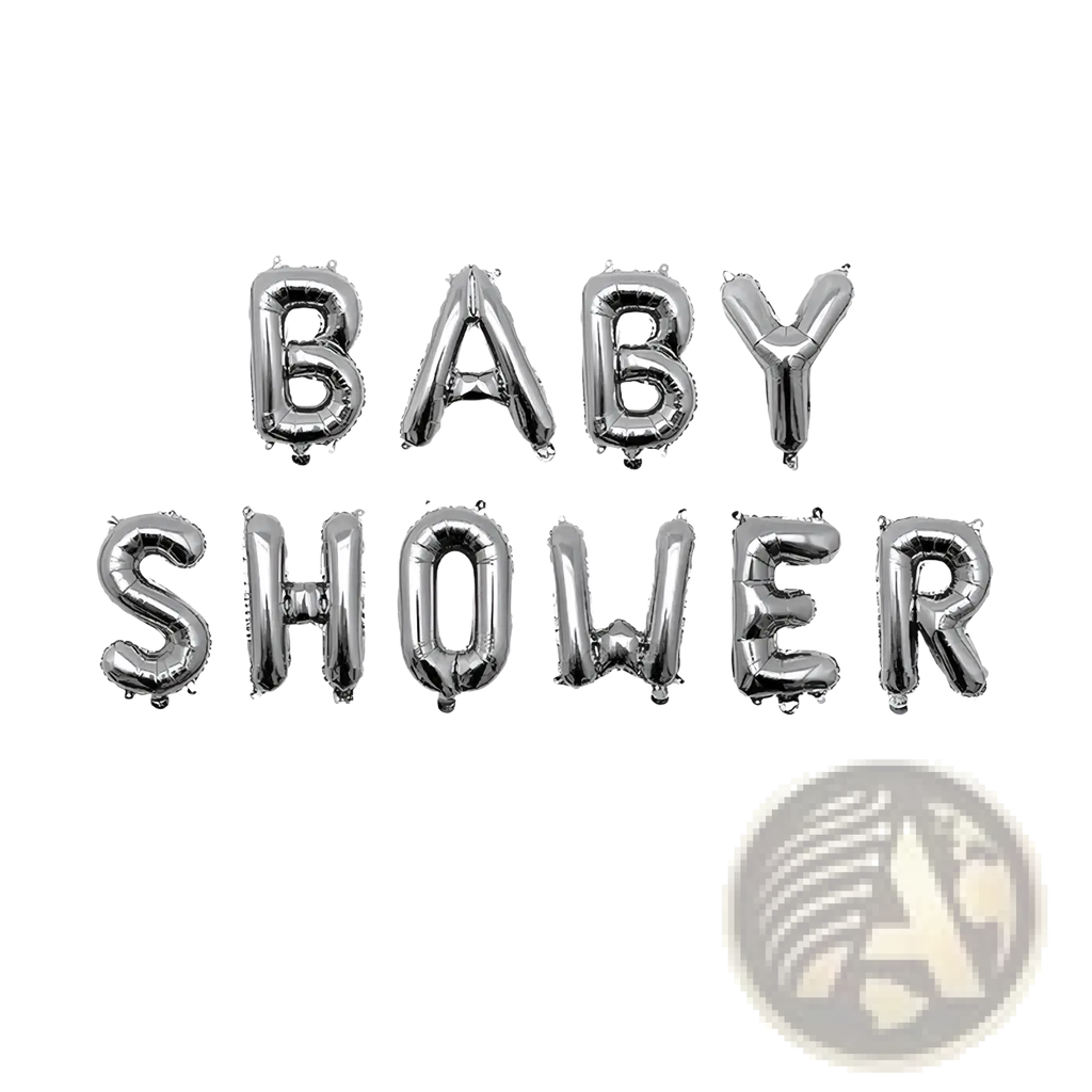 Silver metallic foil balloons spelling baby shower arranged in two rows for a baby shower decoration set