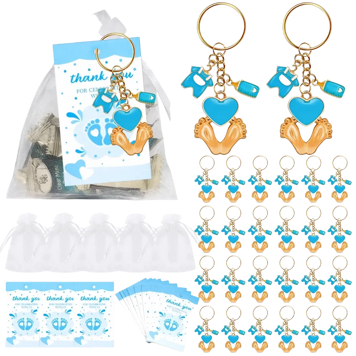 Blue and gold baby shower footprint keychain party favors featuring heart footprints and tiny clothing charms
