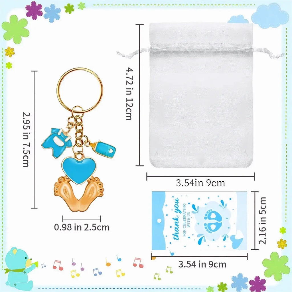 Blue and gold baby shower footprint keychain featuring footprints heart and tiny clothing charms as party favors