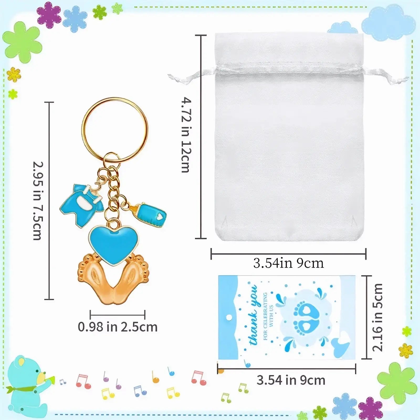 Blue and gold baby shower footprint keychain featuring footprints heart and tiny clothing charms as party favors
