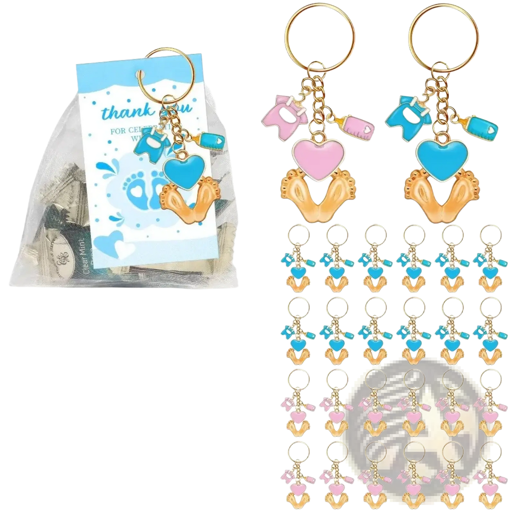 Baby shower footprint keychain party favors in blue and pink featuring gold footprints heart charms and miniature clothing items