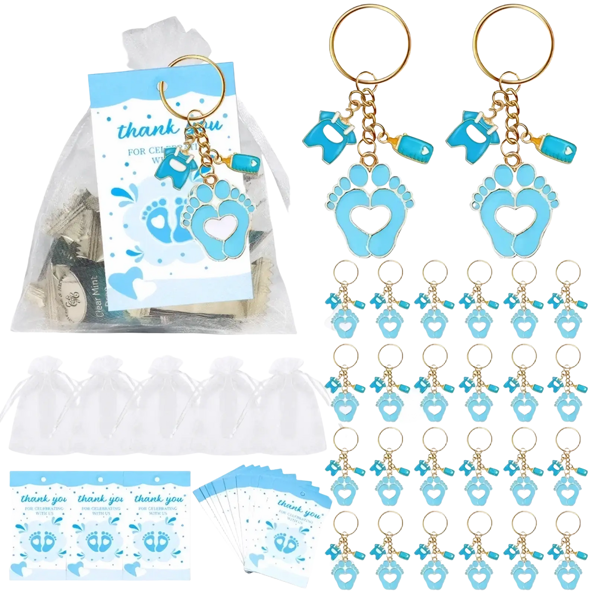 Light blue baby shower footprint keychain party favors with gold-toned rings miniature booties and footprints