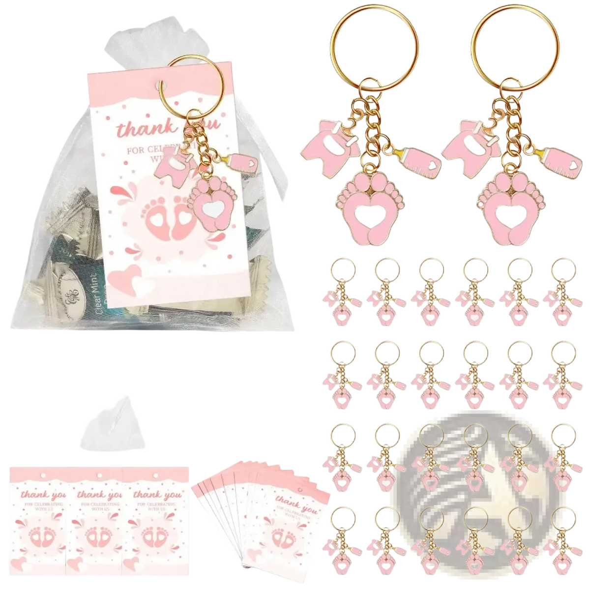 Pink baby shower footprint keychain party favors with foot-shaped design and gold toned metal rings and chains