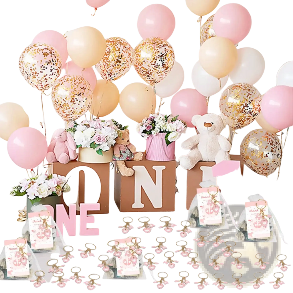 Pink bunny keychains with gold-tone metal rings and pink enamel details for baby shower footprint party favors