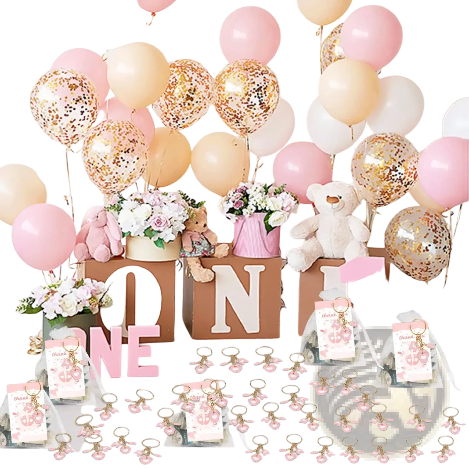 Pink bunny keychains with gold-tone metal rings and pink enamel details for baby shower footprint party favors