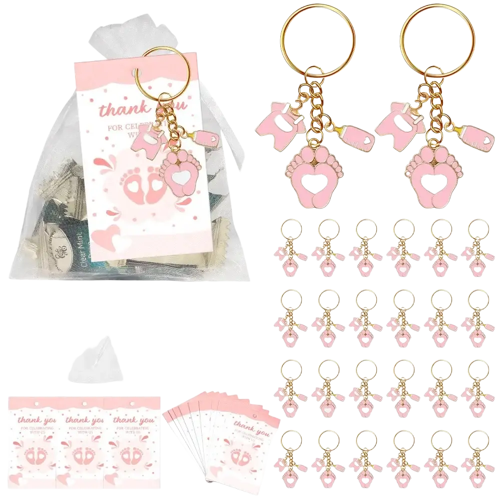 Pink baby shower footprint keychain party favors with foot-shaped design and gold toned metal rings and chains
