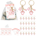 Pink baby shower footprint keychain party favors with foot-shaped design and gold toned metal rings and chains