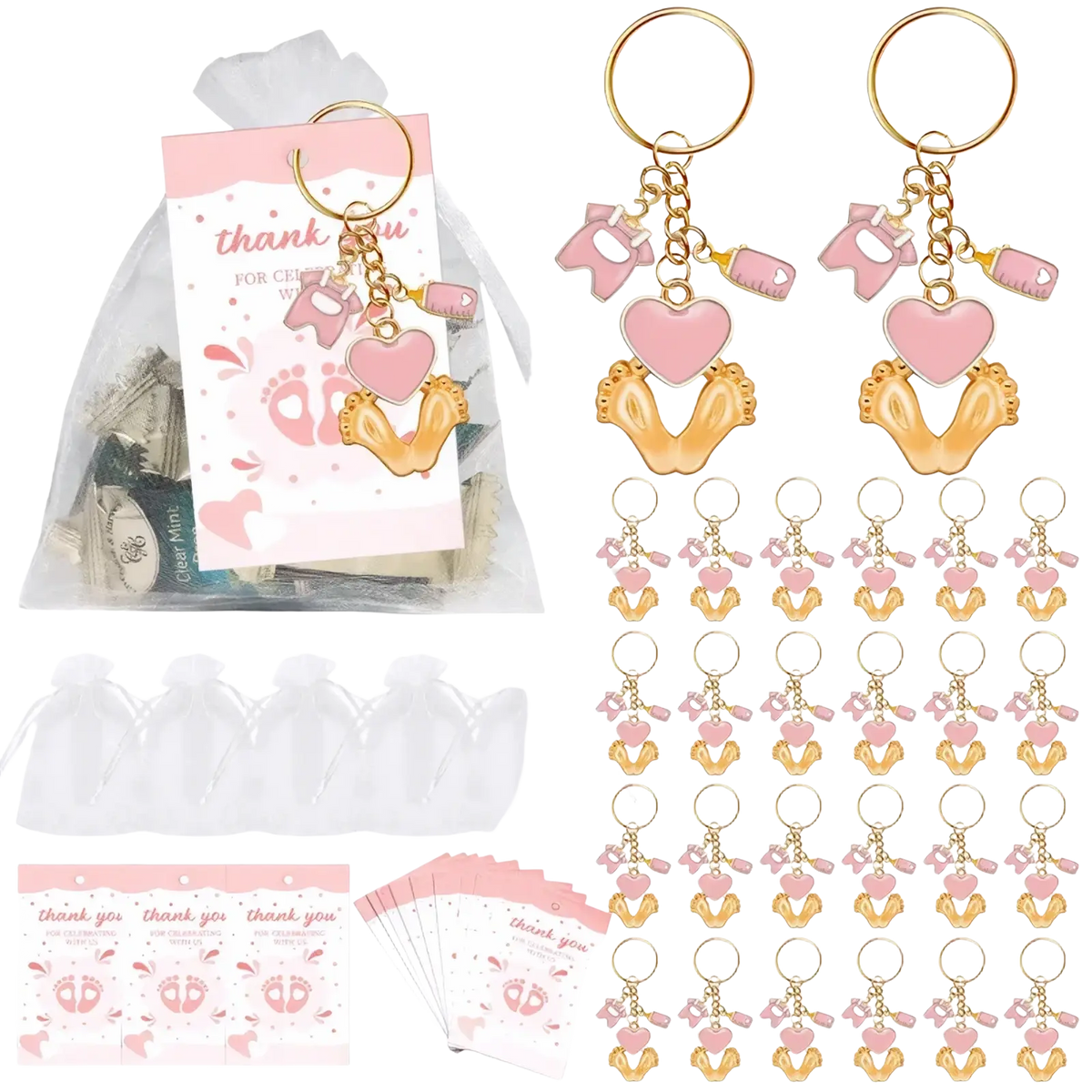 Pink and gold baby shower footprint keychain party favors featuring heart footprints and tiny clothing charms