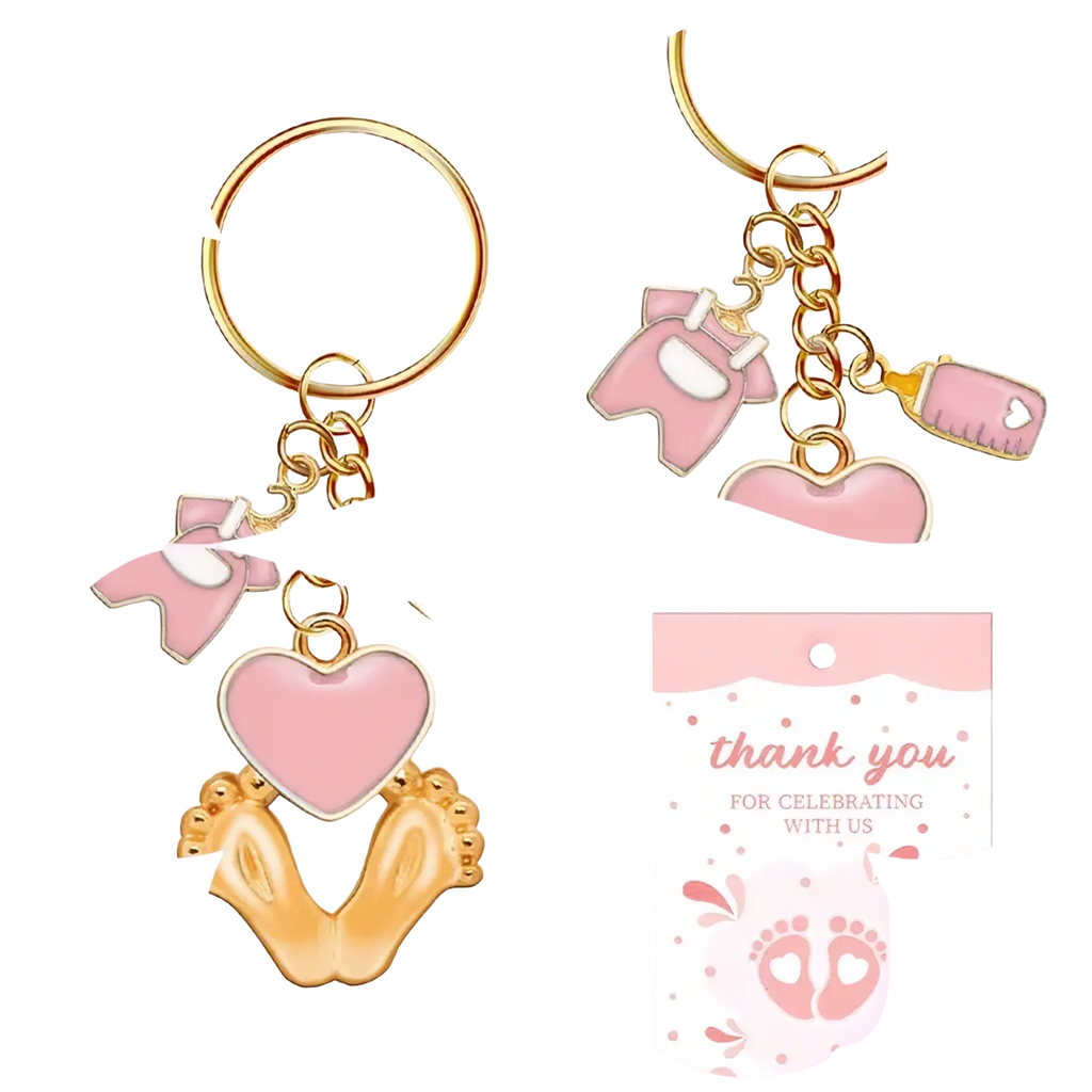 Pink and gold baby shower footprint keychain with onesie footprints and heart charms for party favors