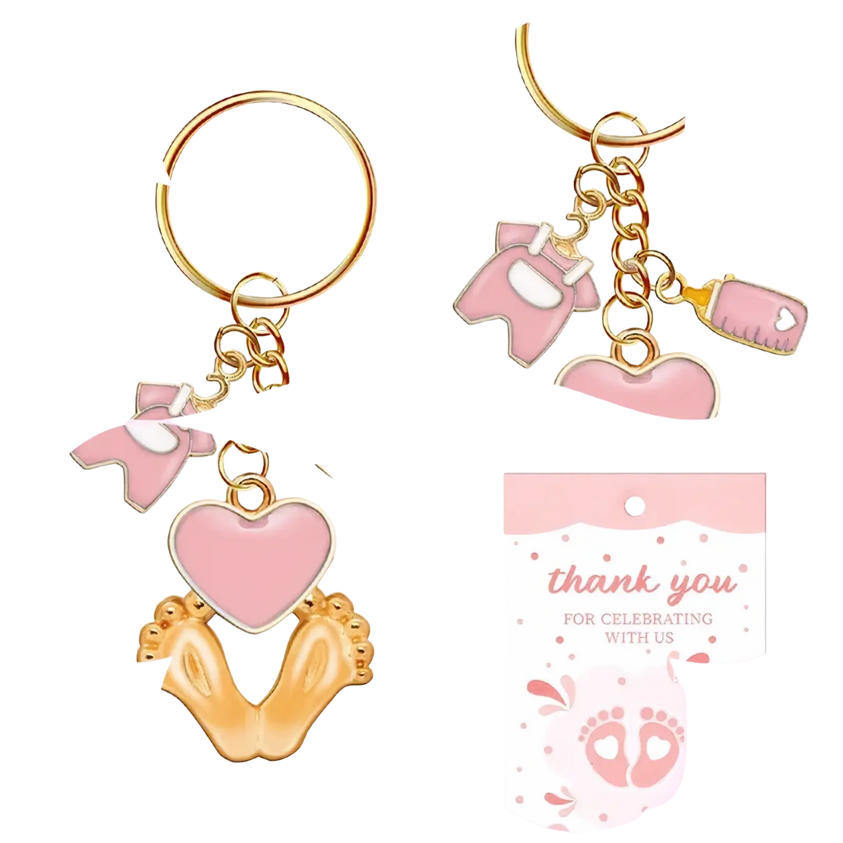 Pink and gold baby shower footprint keychain with onesie footprints and heart charms for party favors