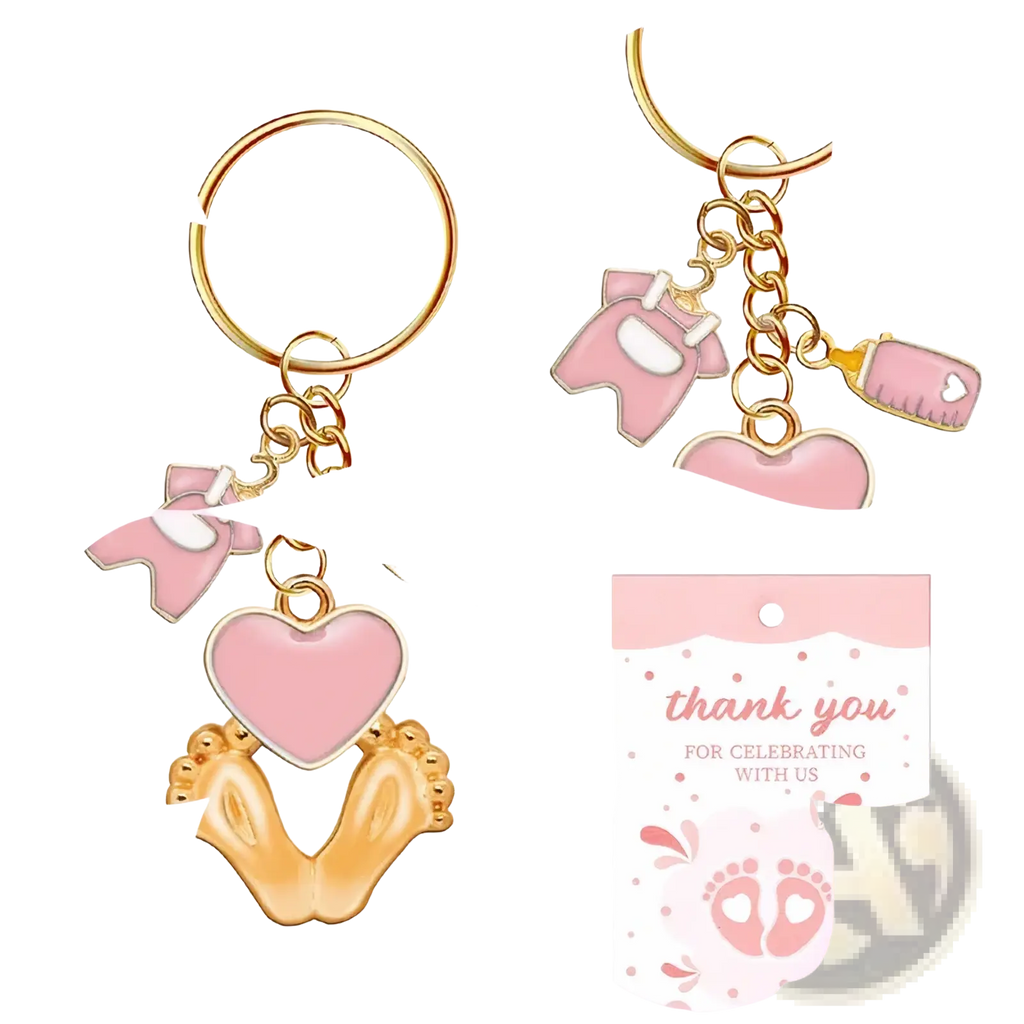 Pink and gold baby shower footprint keychain with onesie footprints and heart charms for party favors