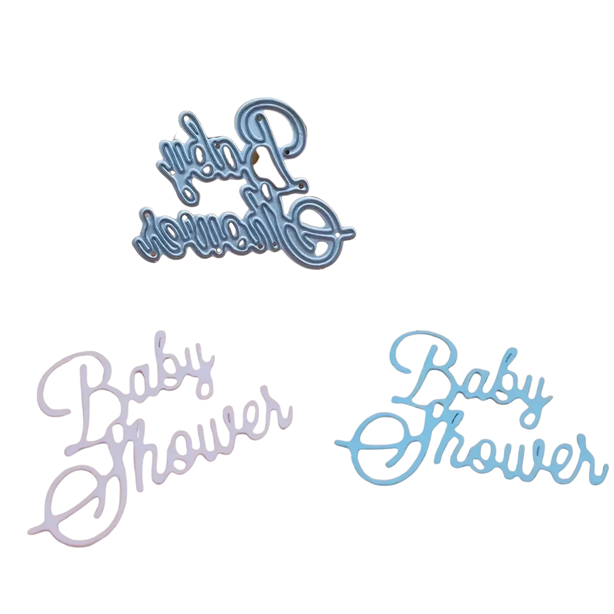Baby shower metal cutting dies in silver and light blue metallic with elegant cursive lettering for scrapbooking