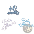 Baby shower metal cutting dies in silver and light blue metallic with elegant cursive lettering for scrapbooking