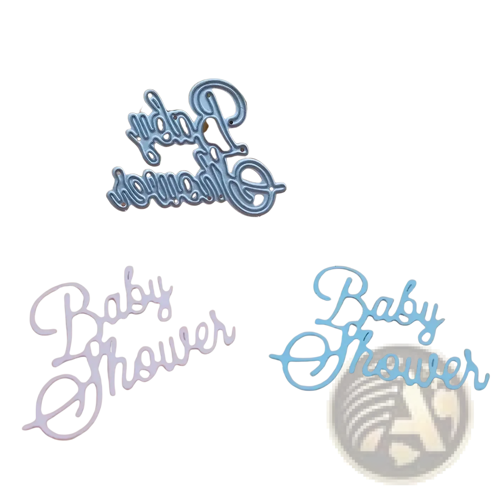 Baby shower metal cutting dies in silver and light blue metallic with elegant cursive lettering for scrapbooking