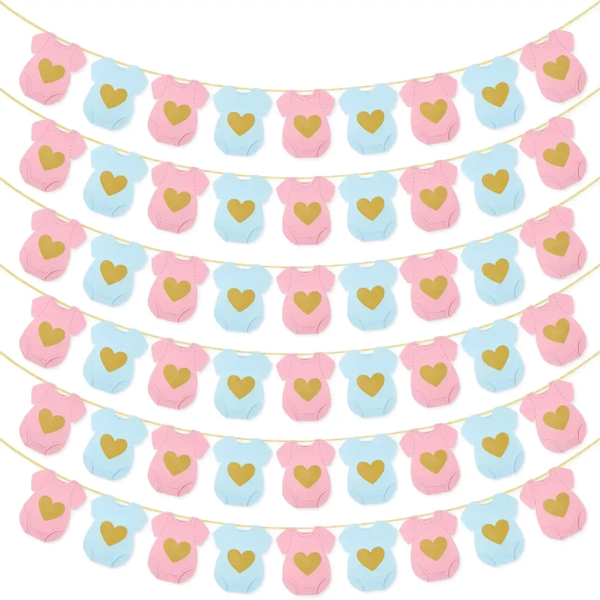 A baby shower onesie paper garland with alternating pink and light blue cutouts each featuring a gold heart