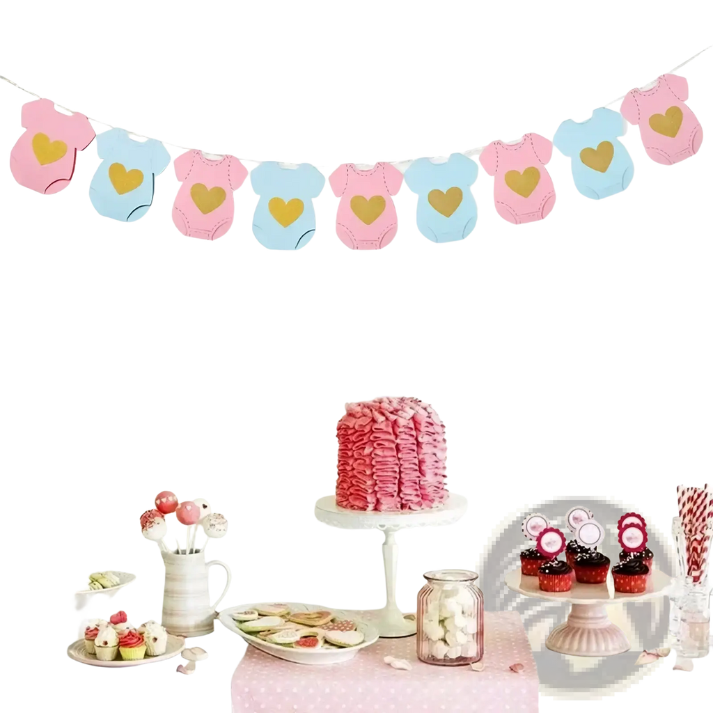 Baby shower onesie paper garland with pink and light blue onesie shapes and gold heart cutouts