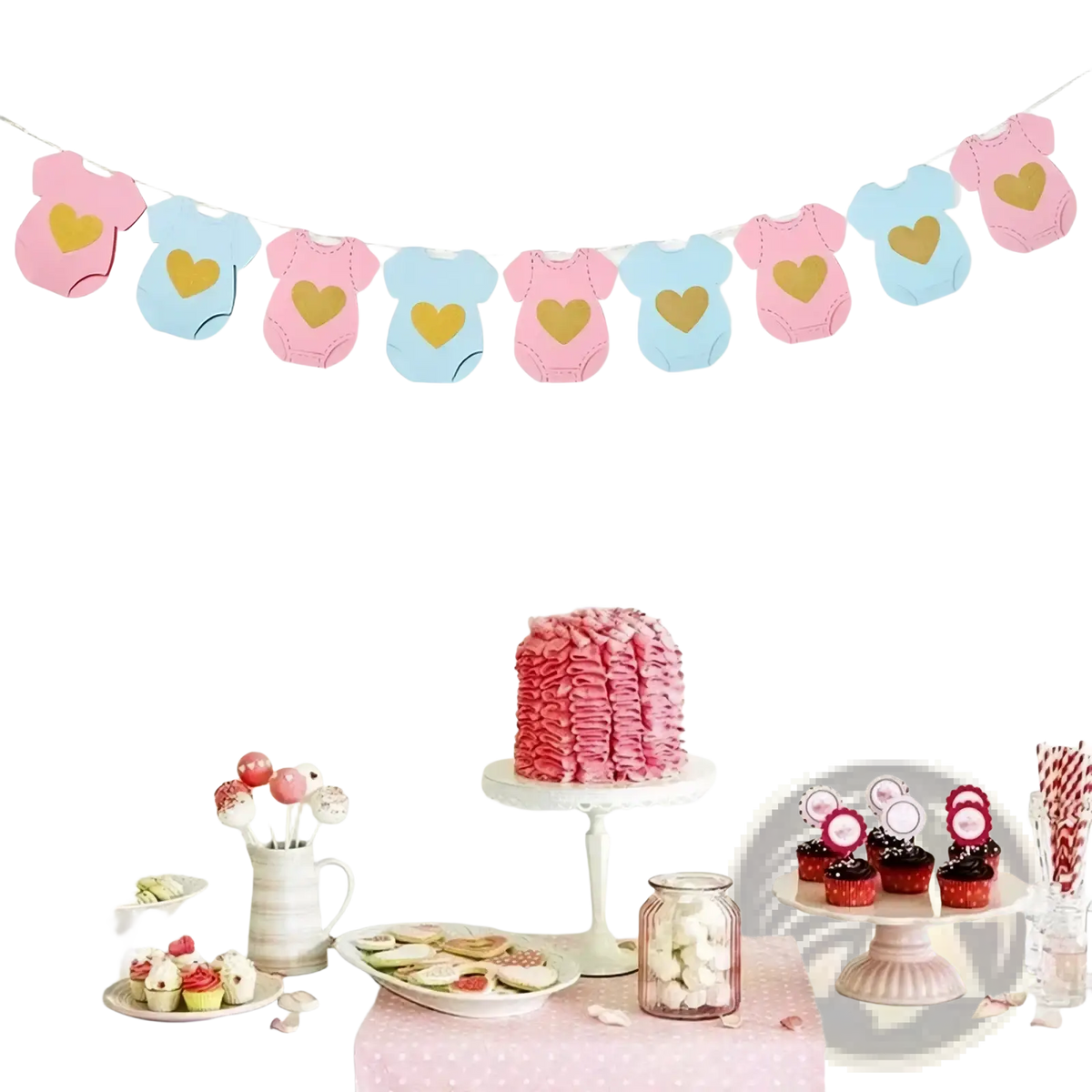 Baby shower onesie paper garland with pink and light blue onesie shapes and gold heart cutouts