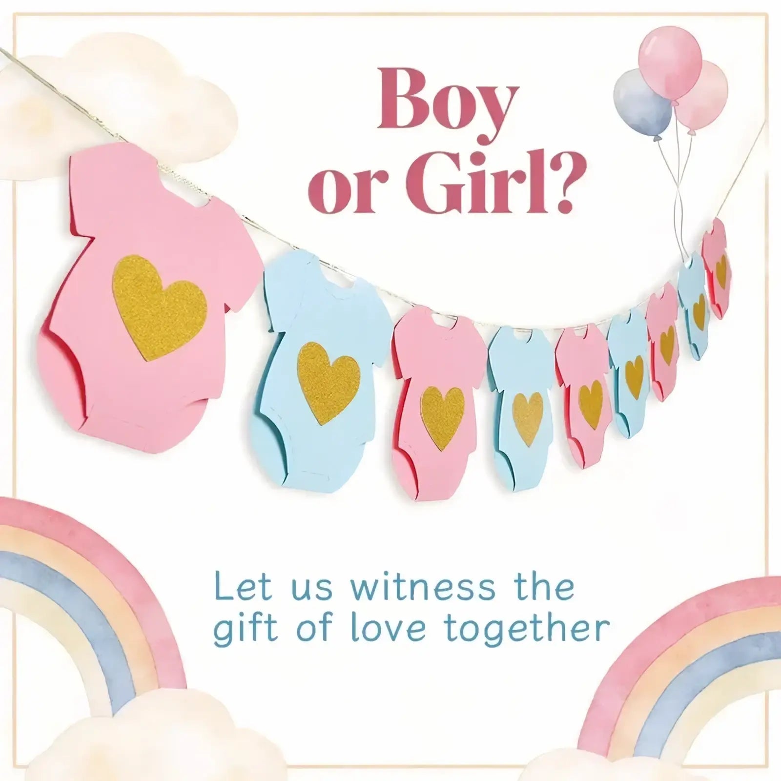 Baby shower onesie paper garland featuring pink and light blue onesies with gold glitter heart accents