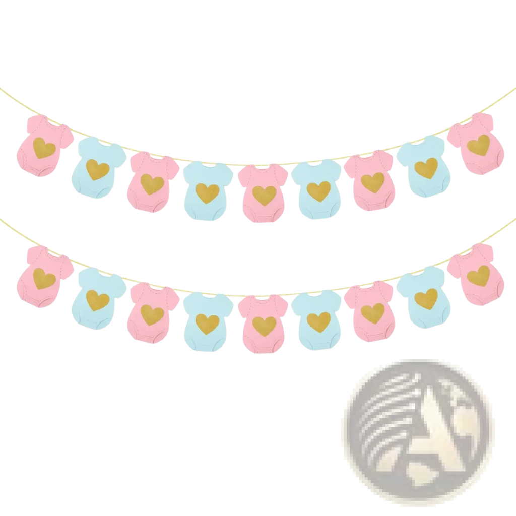 Baby shower onesie paper garland featuring pink and light blue onesie shapes with gold heart decals for decoration