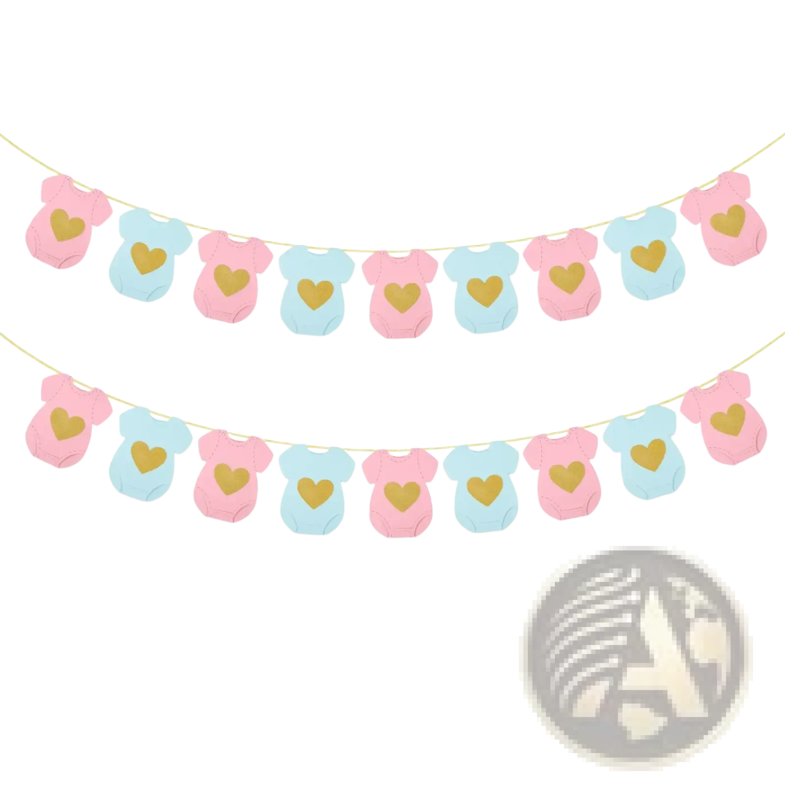 Baby shower onesie paper garland featuring pink and light blue onesie shapes with gold heart decals for decoration