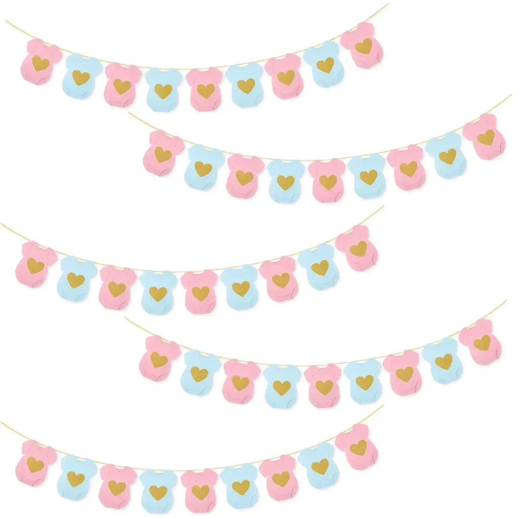 Baby shower onesie paper garland featuring pink and light blue onesie shapes with gold heart decals for decoration