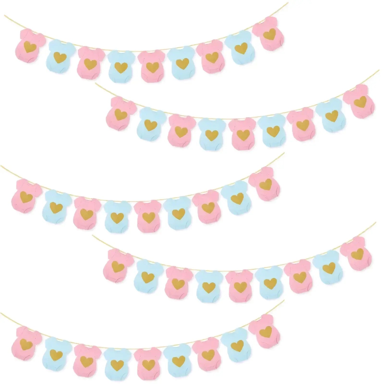 Baby shower onesie paper garland featuring pink and light blue onesie shapes with gold heart decals for decoration