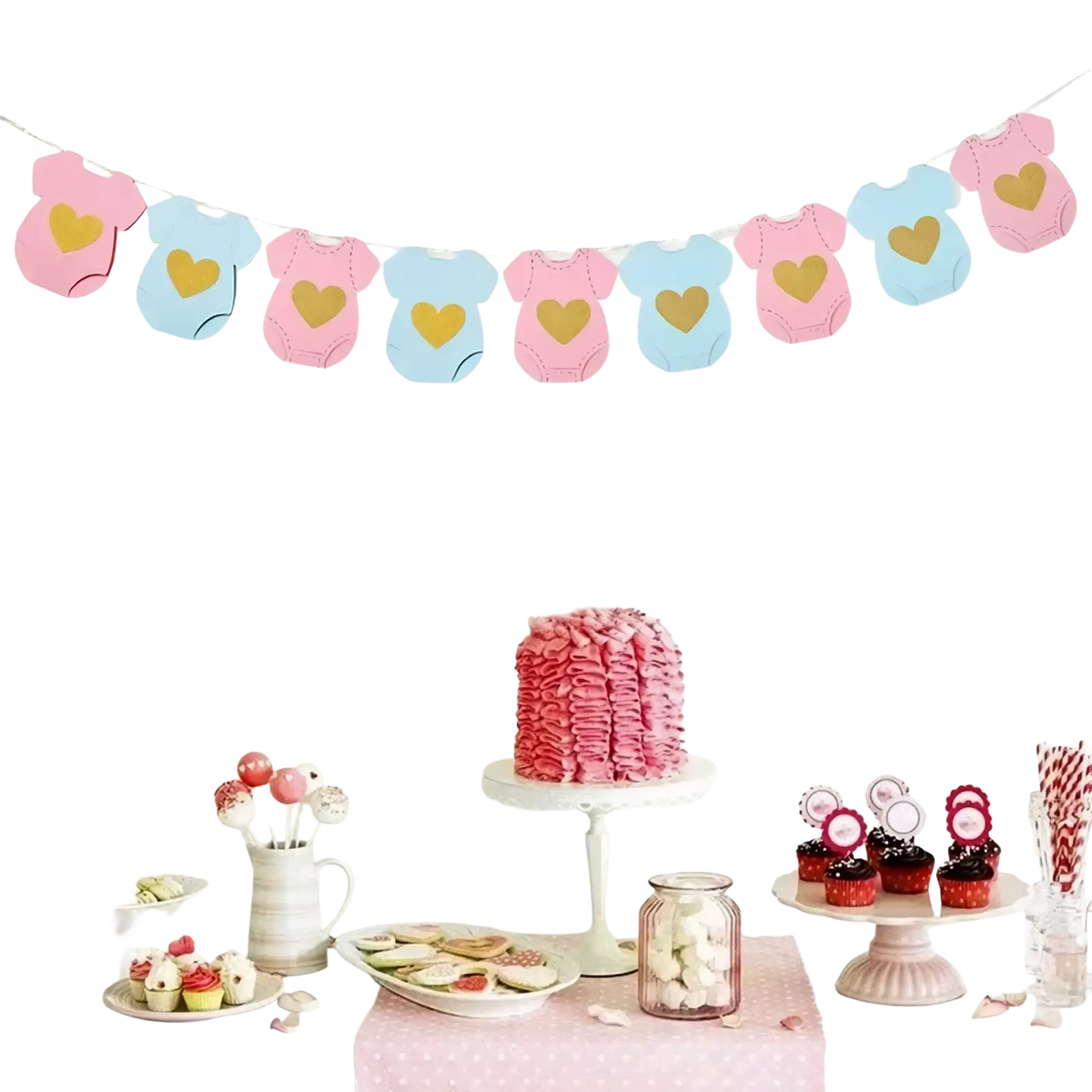 Baby shower onesie paper garland with pink and light blue onesie shapes and gold heart cutouts
