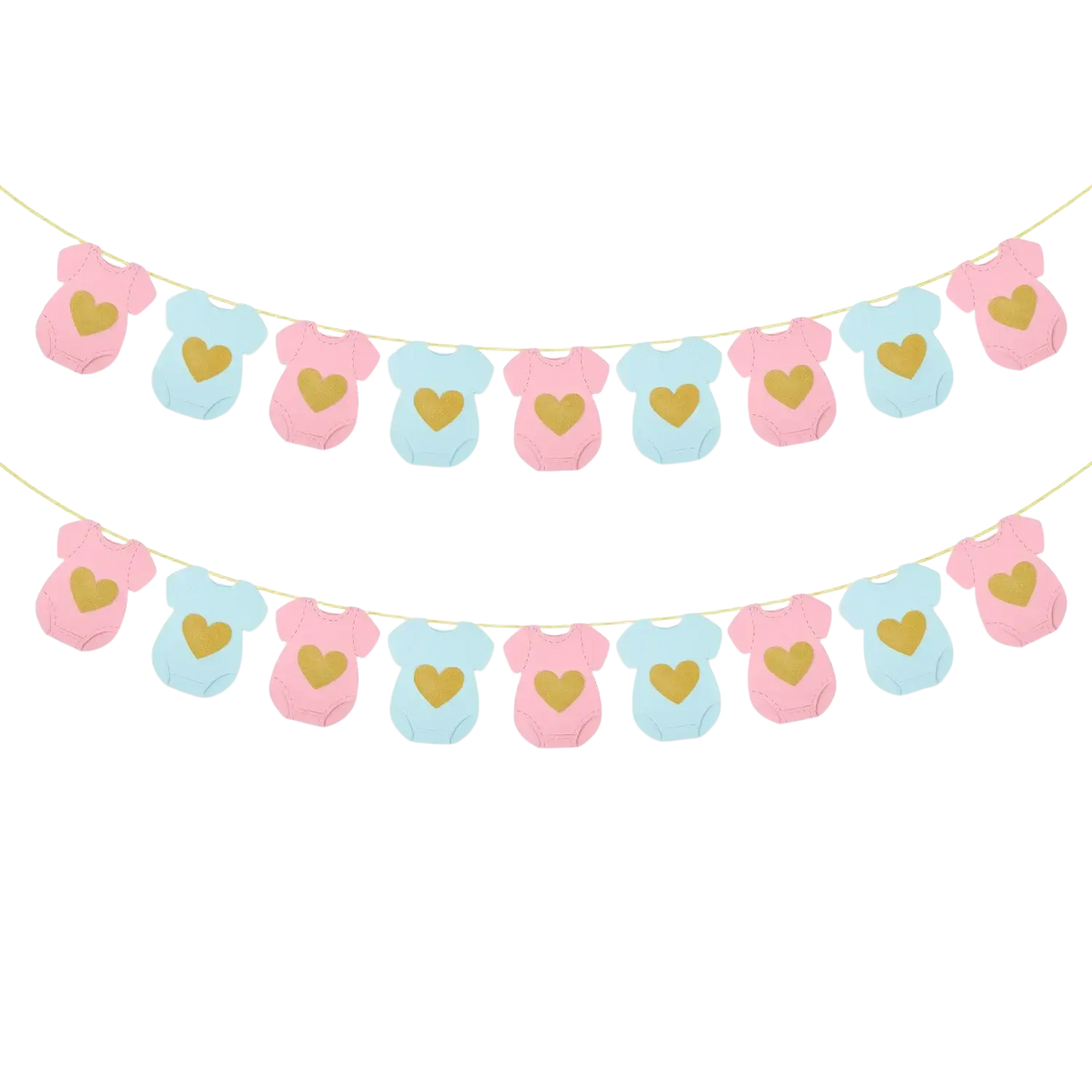 Baby shower onesie paper garland featuring pink and light blue onesie shapes with gold heart decals for decoration