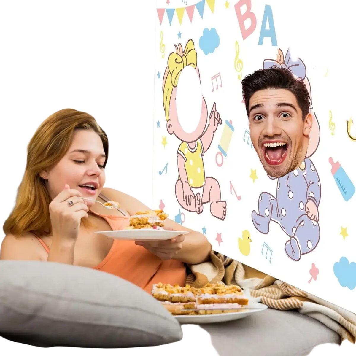 A colorful baby shower photo backdrop featuring a cartoon baby face hole game with a cheerful man’s face superimposed