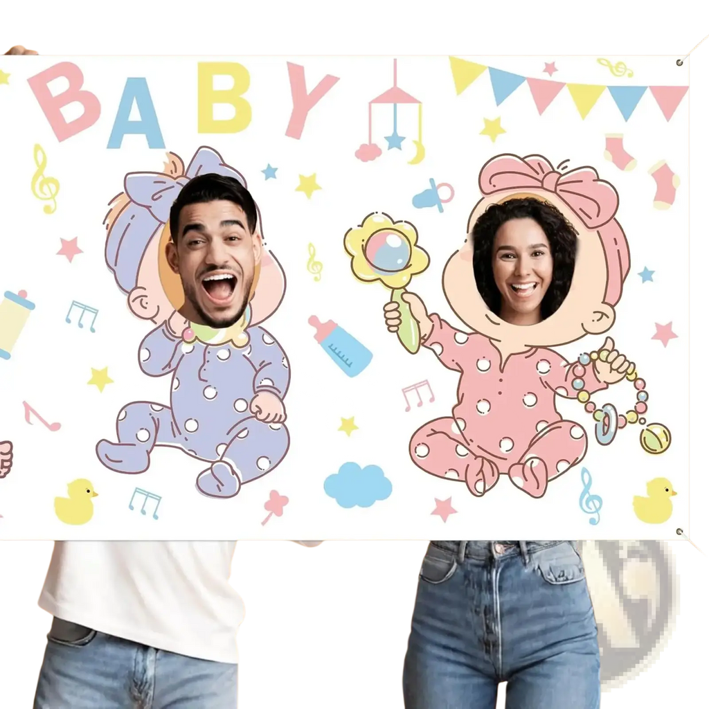 Baby shower photo backdrop face hole game banner with colorful cartoon babies in polka-dot pajamas and musical notes