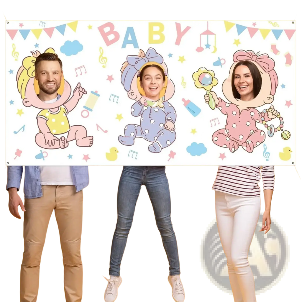 Baby shower photo backdrop face hole game banner with colorful cartoon babies in yellow blue and pink outfits with bows