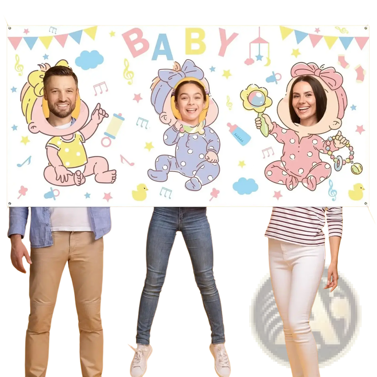 Baby shower photo backdrop face hole game banner with colorful cartoon babies in yellow blue and pink outfits with bows
