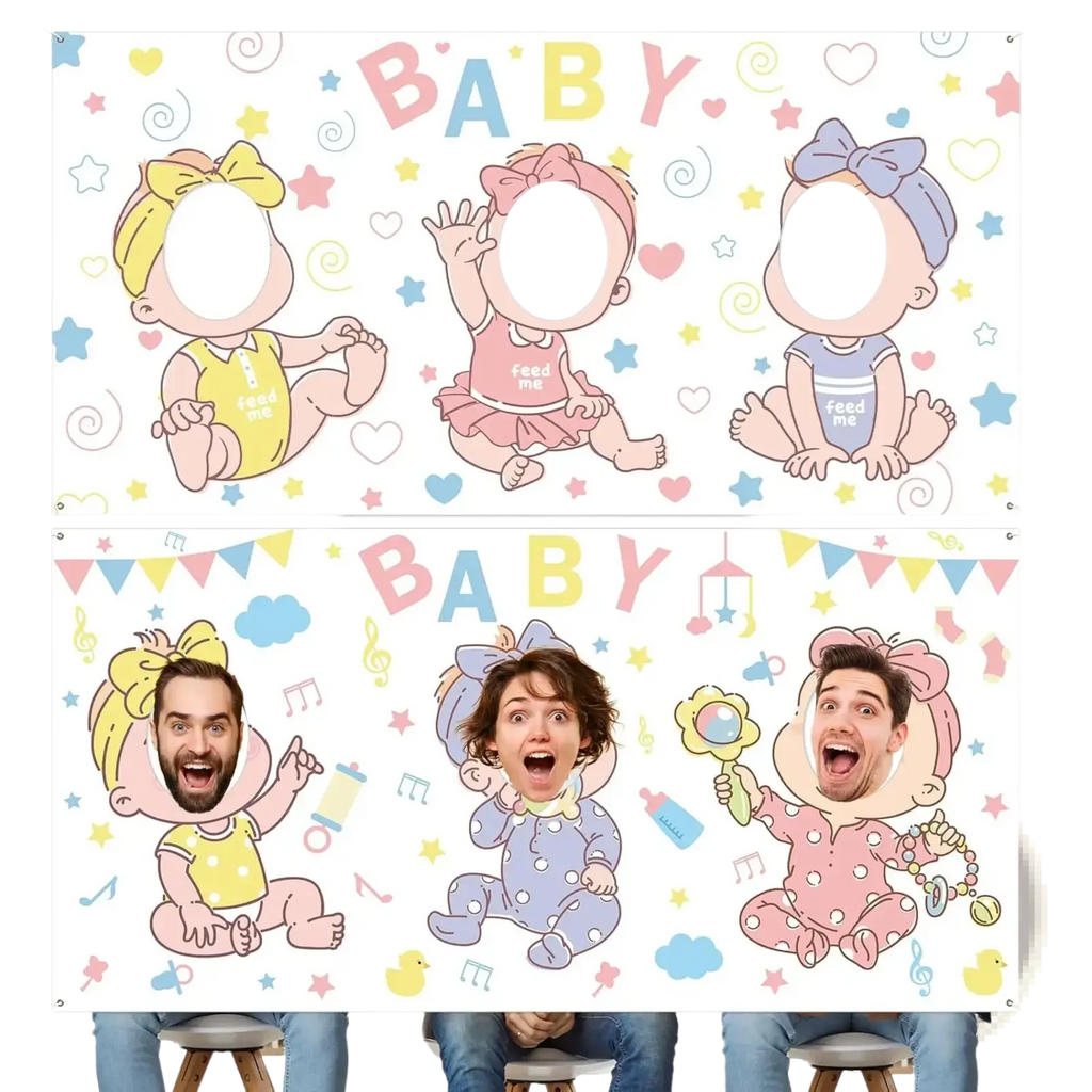 Pastel-colored baby shower photo backdrop face hole game banner with cartoon babies in yellow pink and blue outfits