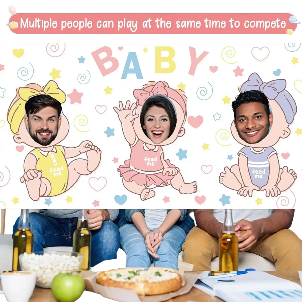 Baby shower photo backdrop face hole game banner featuring three cartoon babies with real faces and feed me labels on pastel background