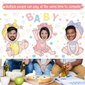 Baby shower photo backdrop face hole game banner featuring three cartoon babies with real faces and feed me labels on pastel background