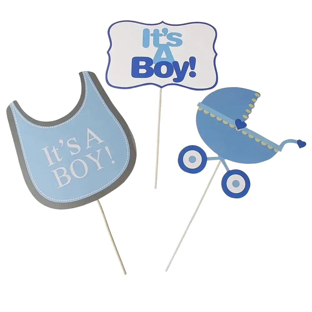 Blue paper baby shower photo booth props set with its a boy sign bib and stroller cutouts on sticks centerpiece