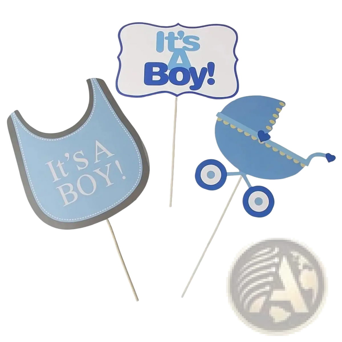 Blue paper baby shower photo booth props set with its a boy sign bib and stroller cutouts on sticks centerpiece