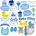 Blue and white baby shower photo booth props set made of sturdy cardstock for party photo fun and decoration