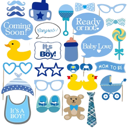 Blue and white baby shower photo booth props set made of sturdy cardstock for party photo fun and decoration