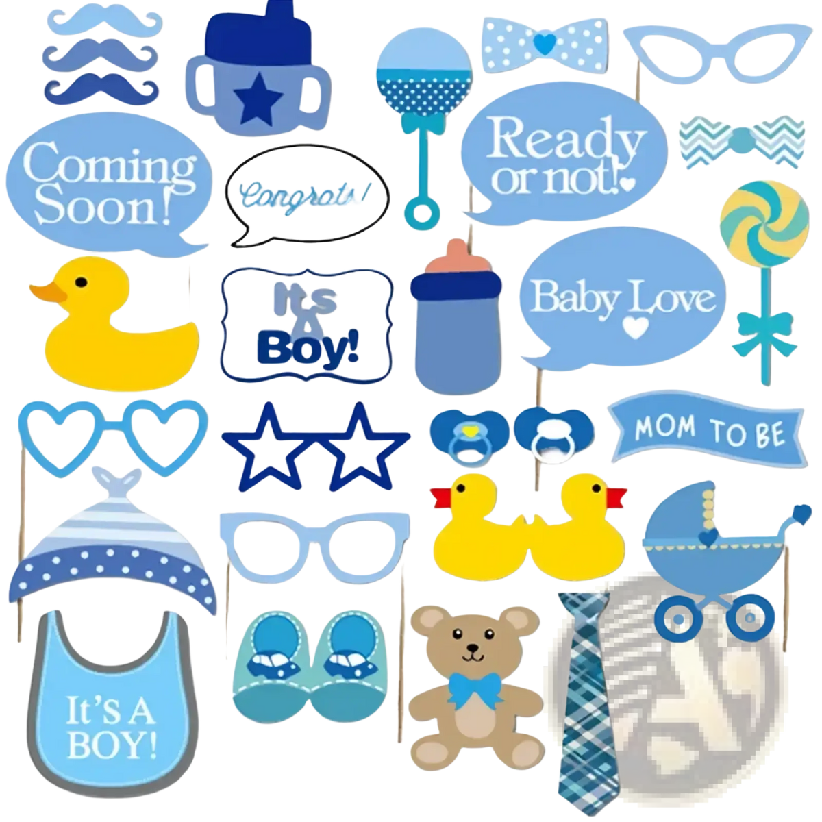 Blue and white baby shower photo booth props set made of sturdy cardstock for party photo fun and decoration