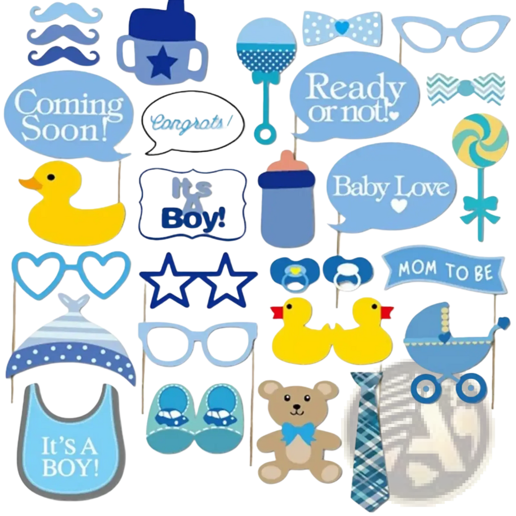 Blue and yellow baby shower photo booth props set featuring themed paper cutouts for event decoration and photography fun