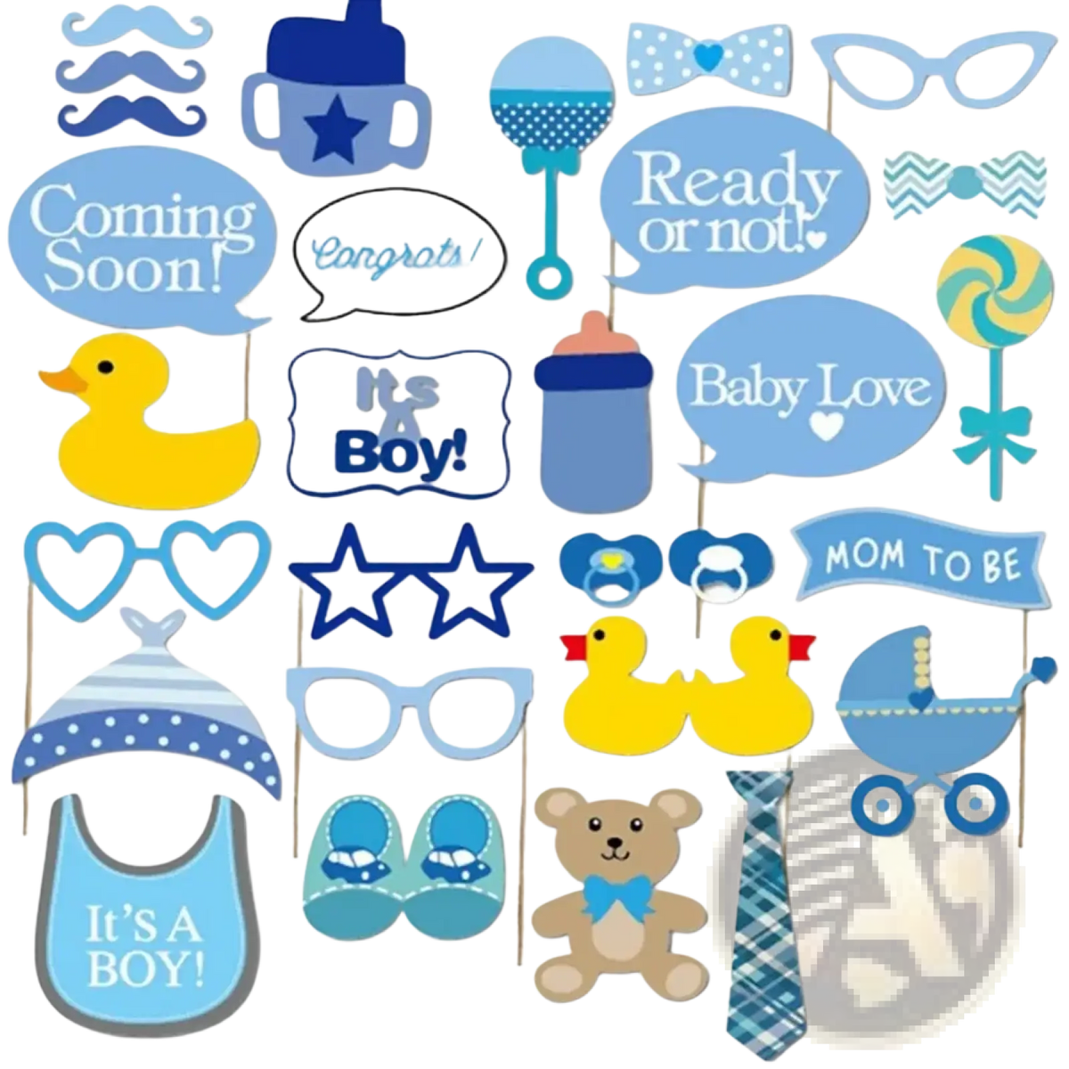Blue and yellow baby shower photo booth props set featuring themed paper cutouts for event decoration and photography fun