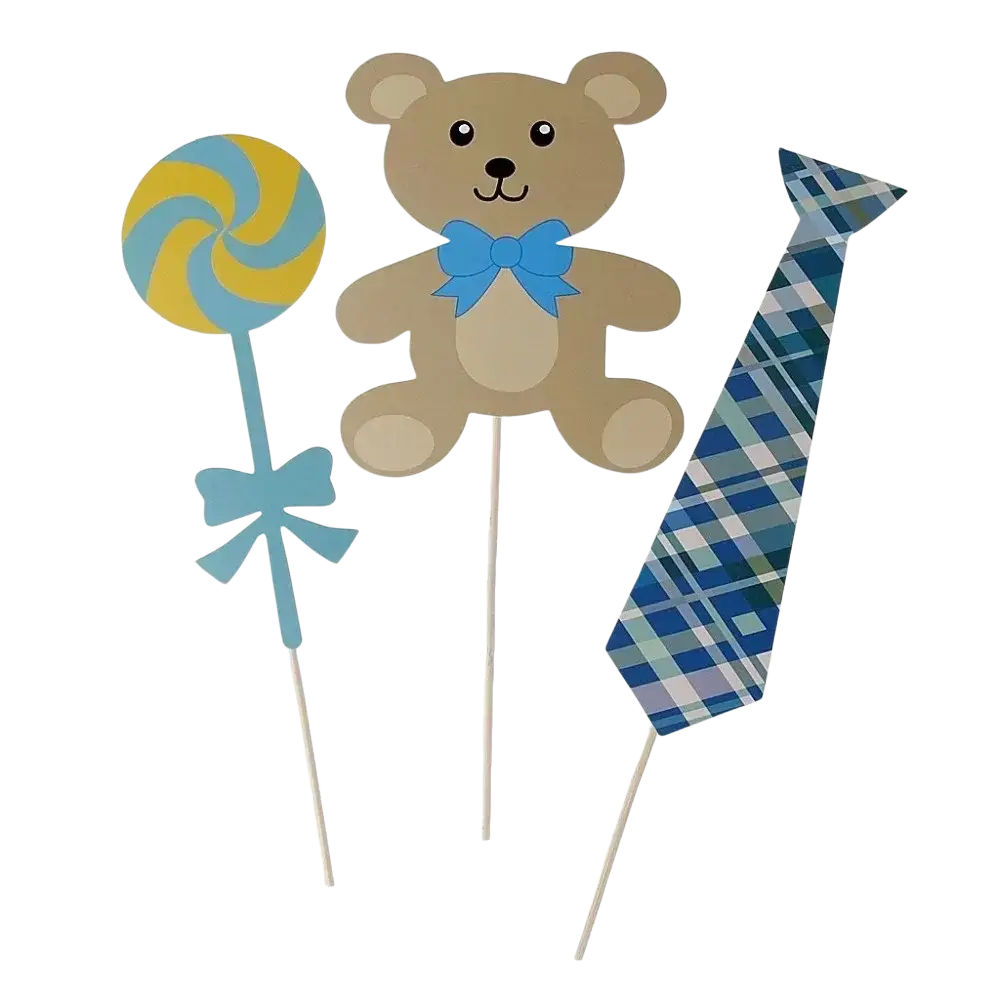 Brown teddy bear photo booth prop with blue bow tie mounted on stick for baby shower party decoration