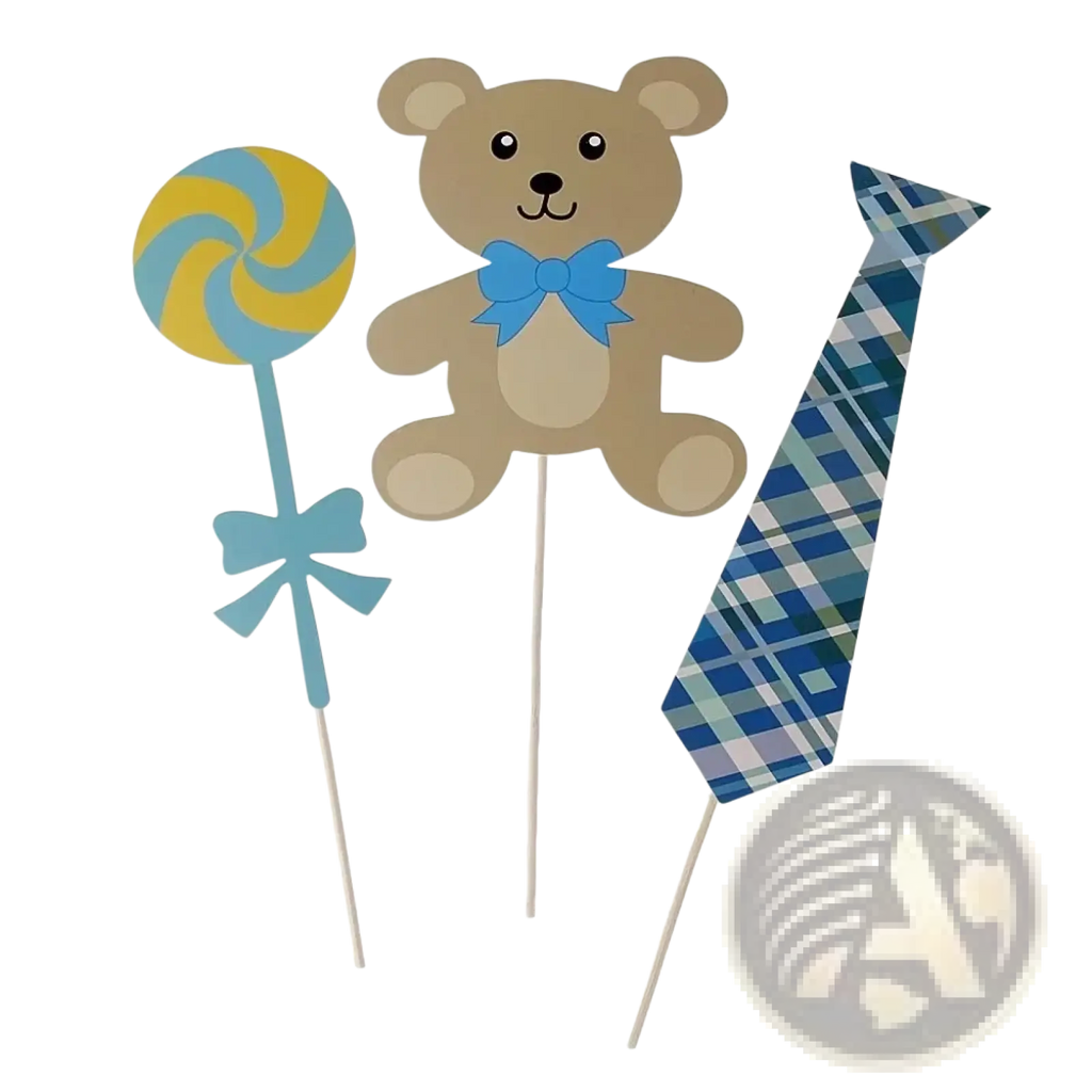 Brown teddy bear photo booth prop with blue bow tie mounted on stick for baby shower party decoration