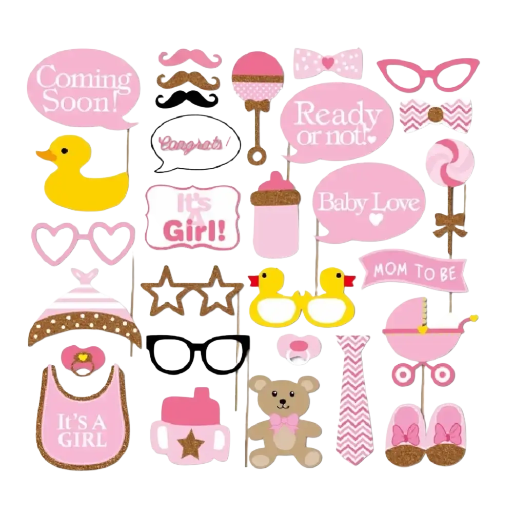 Baby shower photo booth props set in pink and gold featuring playful items like rubber duck pacifier and teddy bear signs