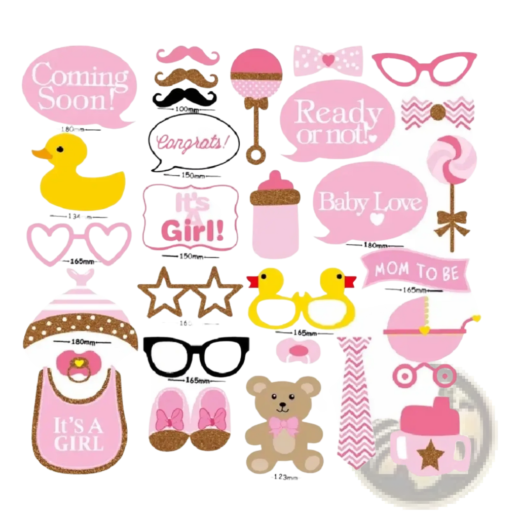 Pink and gold baby shower photo booth props set featuring festive designs for celebratory event photography use