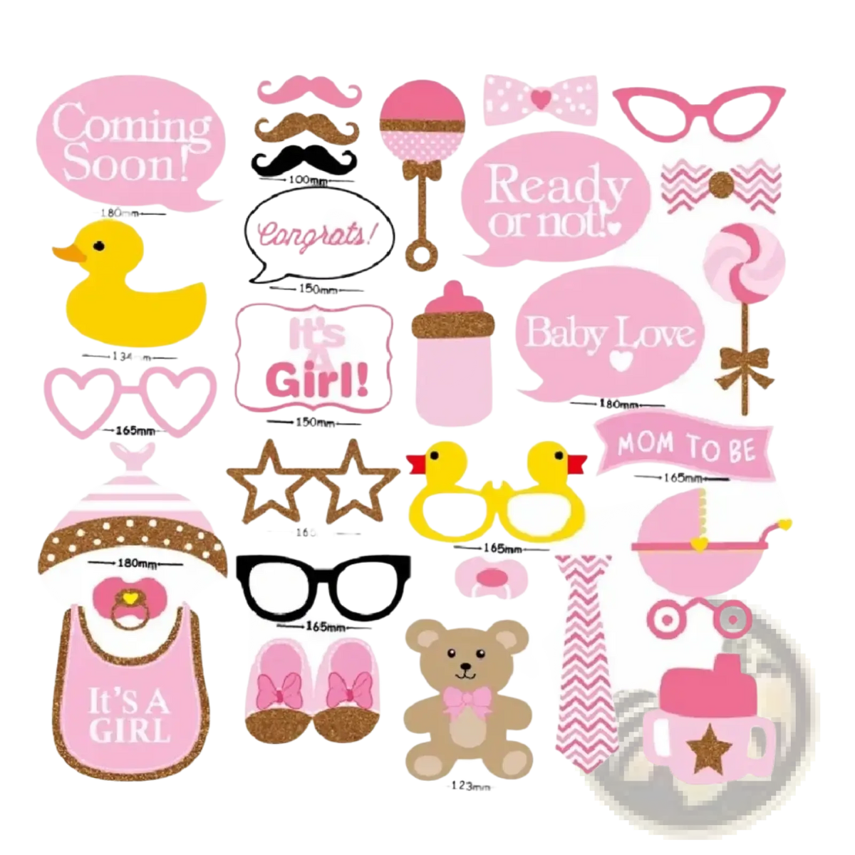 Pink and gold baby shower photo booth props set featuring festive designs for celebratory event photography use