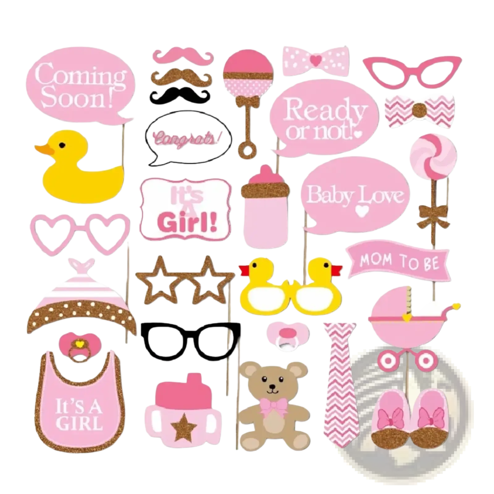 Baby shower photo booth props set in pink and gold featuring playful rubber duck pacifier teddy bear and themed signs