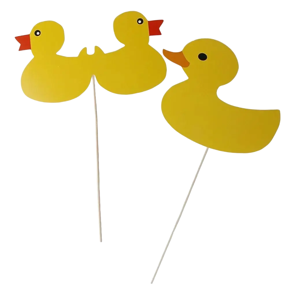 Yellow duck shaped party props with red beaks and black eyes on sticks for baby shower photo booth set